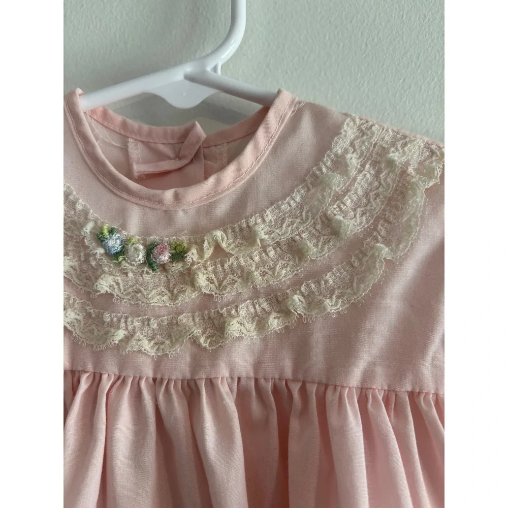 Unbranded Vintage Style Lace Trim Baby‎ Top 6-9M Pink Floral Embroidery Bow girl